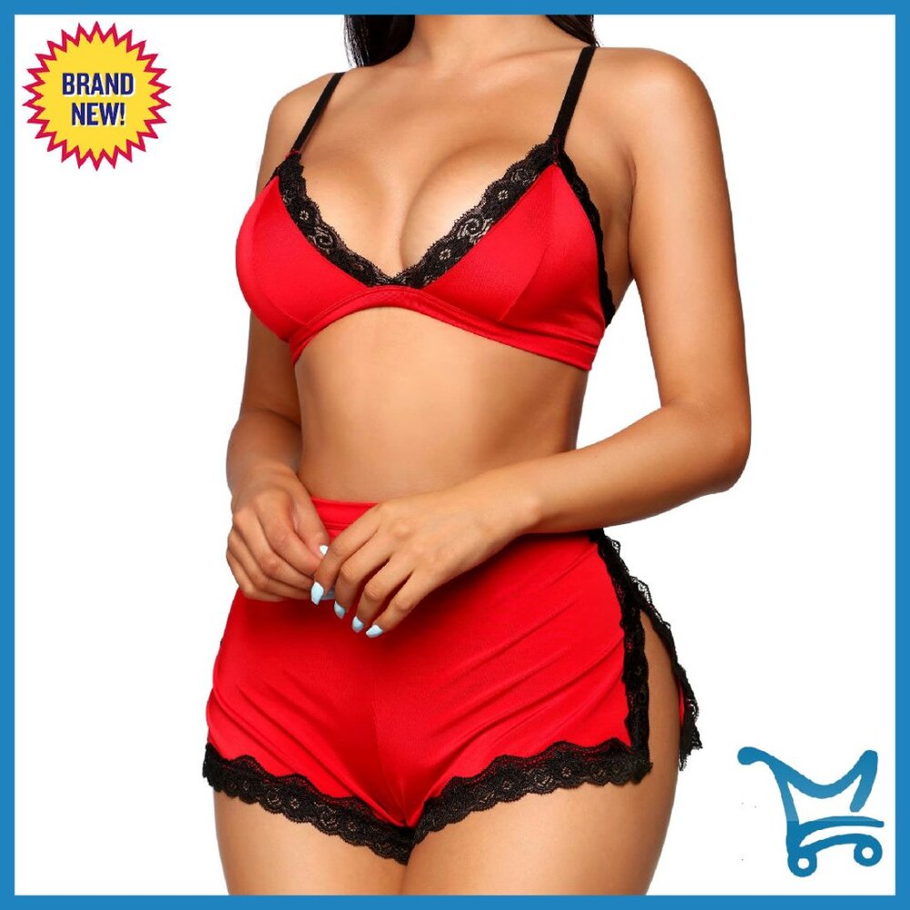Sexy Lace Trim Pajama Set Soft Sleepwear 2-Piece Shorts & Bra Top
